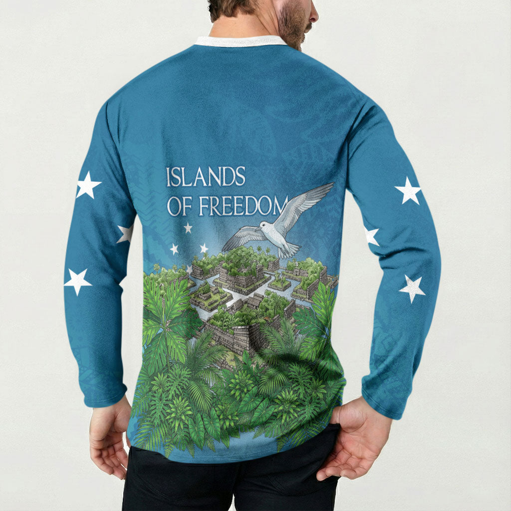 Micronesia Independence Day Button Sweatshirt FSM Patriotic Pacific Island Nan Madol Ruins Seabird Tropical