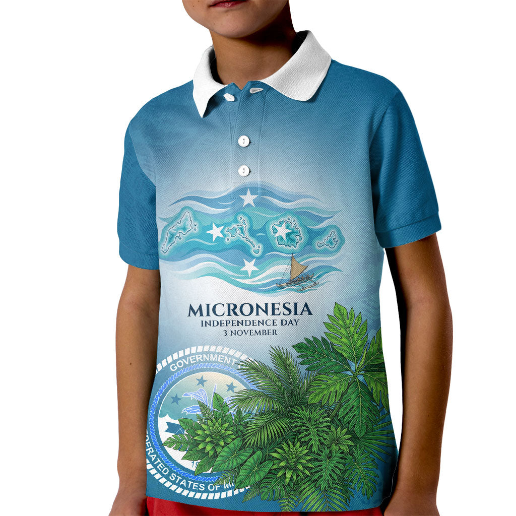 Micronesia Independence Day Kid Polo Shirt FSM Patriotic Pacific Island Nan Madol Ruins Seabird Tropical