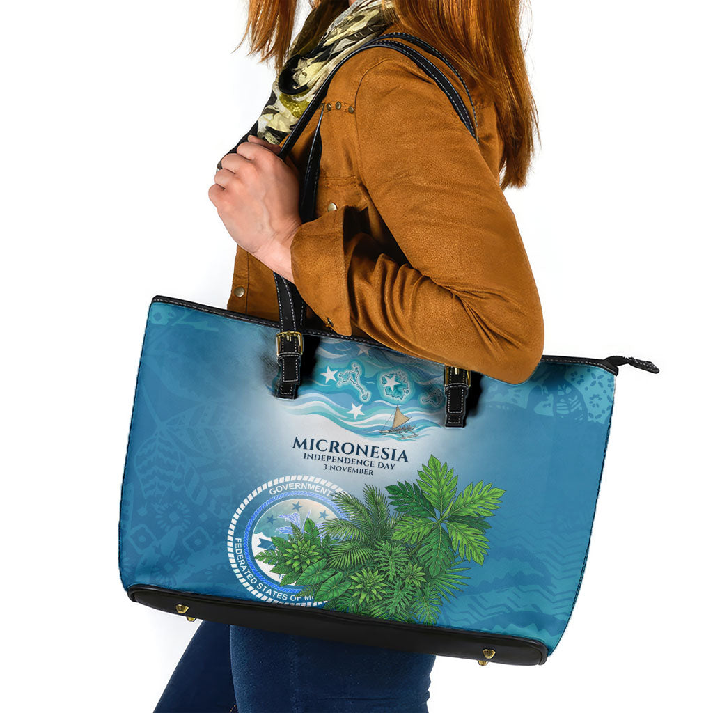 Micronesia Independence Day Leather Tote Bag FSM Patriotic Pacific Island Nan Madol Ruins Seabird Tropical