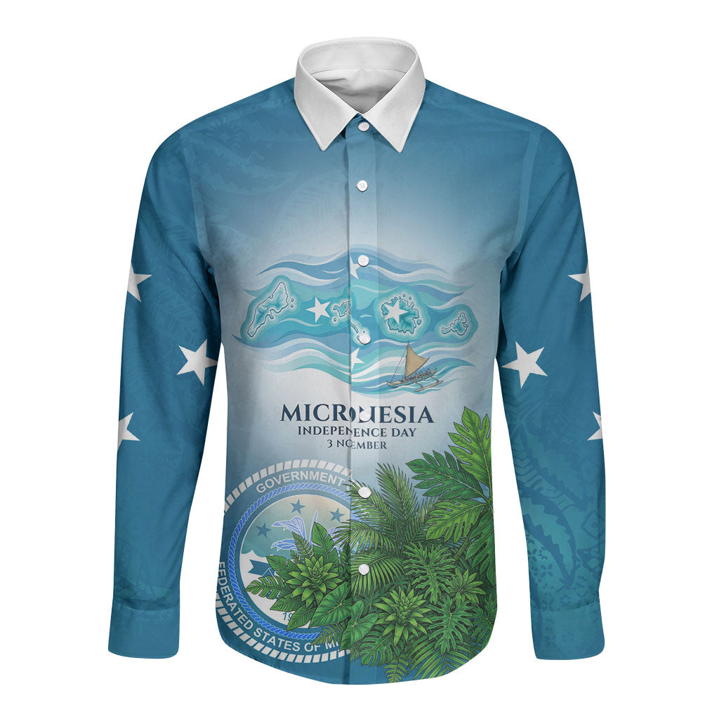 Micronesia Independence Day Long Sleeve Button Shirt FSM Patriotic Pacific Island Nan Madol Ruins Seabird Tropical TS04 Unisex Blue Green - Polynesian Pride