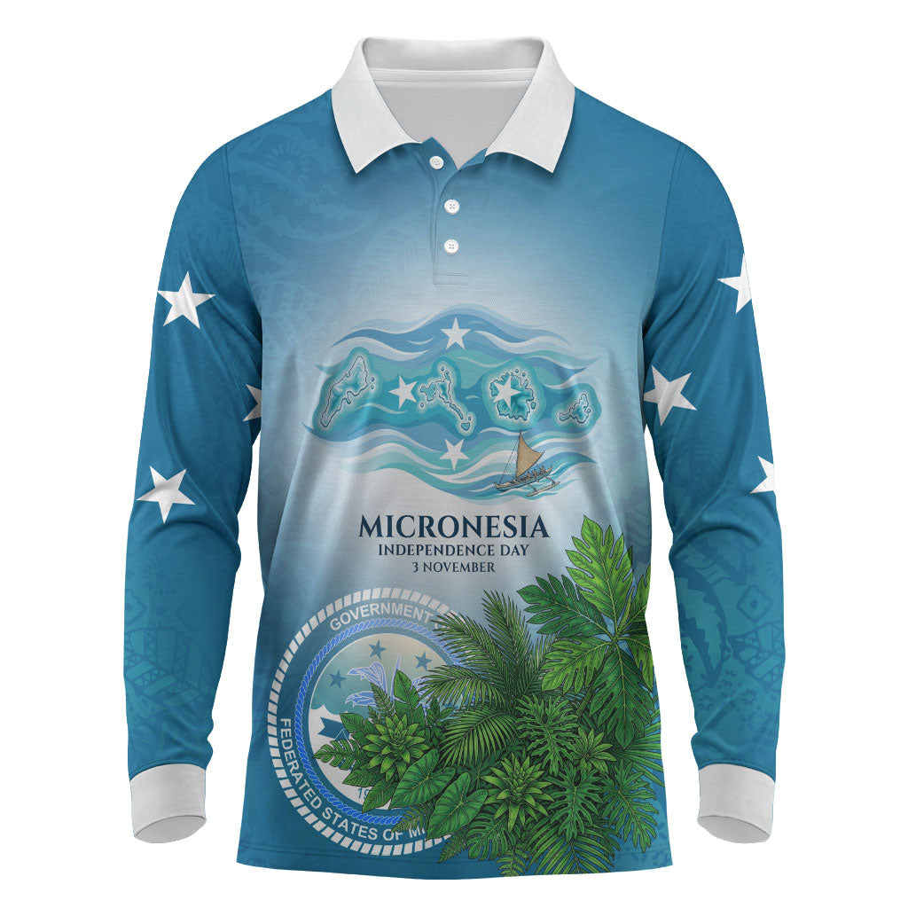 Micronesia Independence Day Long Sleeve Polo Shirt FSM Patriotic Pacific Island Nan Madol Ruins Seabird Tropical