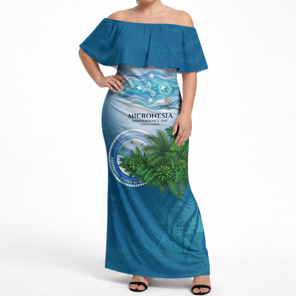 Micronesia Independence Day Off Shoulder Maxi Dress FSM Patriotic Pacific Island Nan Madol Ruins Seabird Tropical