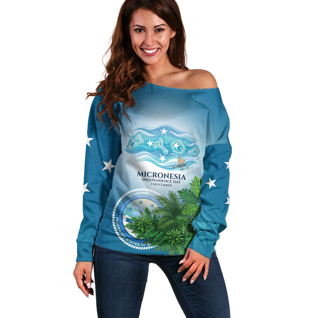 Micronesia Independence Day Off Shoulder Sweater FSM Patriotic Pacific Island Nan Madol Ruins Seabird Tropical TS04 Women Blue Green - Polynesian Pride