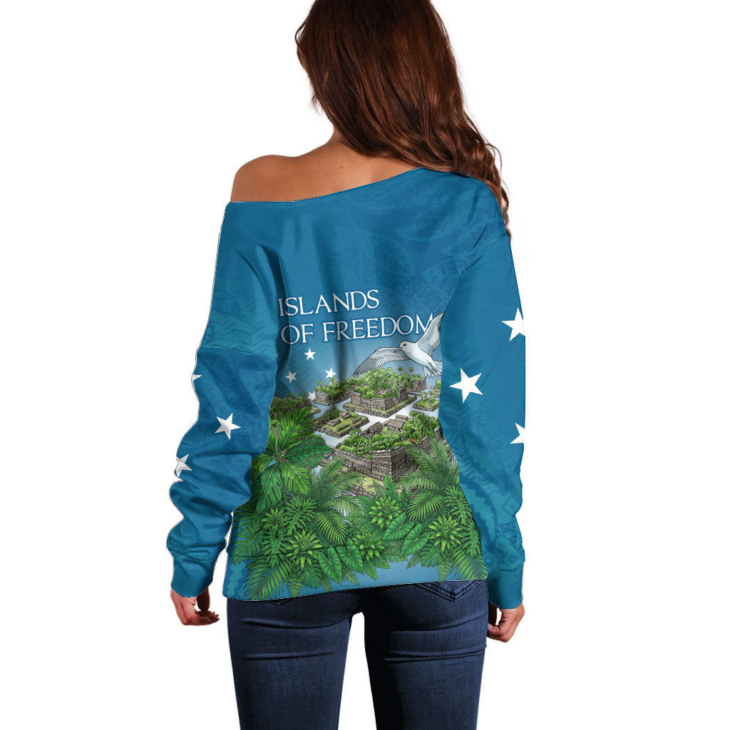 Micronesia Independence Day Off Shoulder Sweater FSM Patriotic Pacific Island Nan Madol Ruins Seabird Tropical