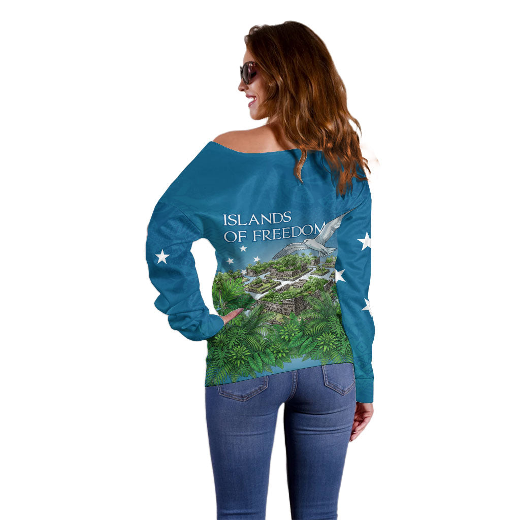Micronesia Independence Day Off Shoulder Sweater FSM Patriotic Pacific Island Nan Madol Ruins Seabird Tropical