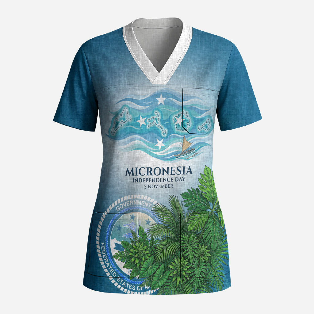 Micronesia Independence Day Scrub Top FSM Patriotic Pacific Island Nan Madol Ruins Seabird Tropical