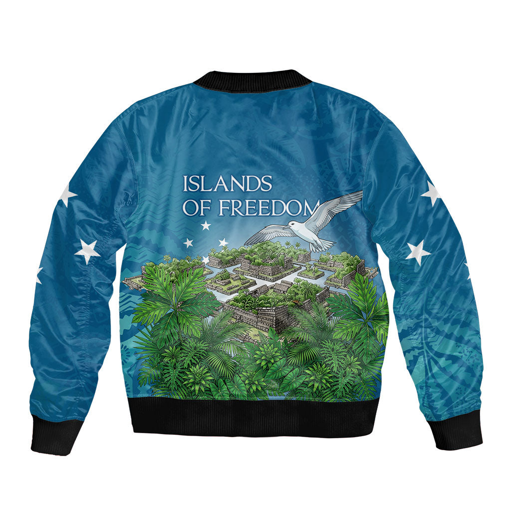 Micronesia Independence Day Sleeve Zip Bomber Jacket FSM Patriotic Pacific Island Nan Madol Ruins Seabird Tropical