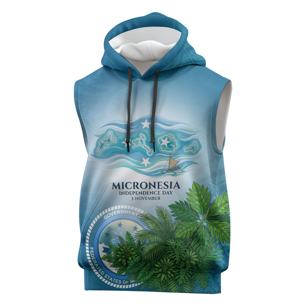 Micronesia Independence Day Sleeveless Hoodie FSM Patriotic Pacific Island Nan Madol Ruins Seabird Tropical