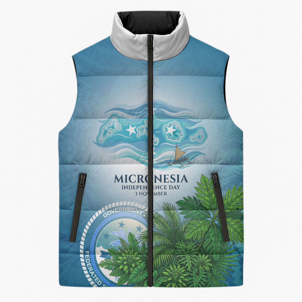 Micronesia Independence Day Sleeveless Puffer Jacket FSM Patriotic Pacific Island Nan Madol Ruins Seabird Tropical