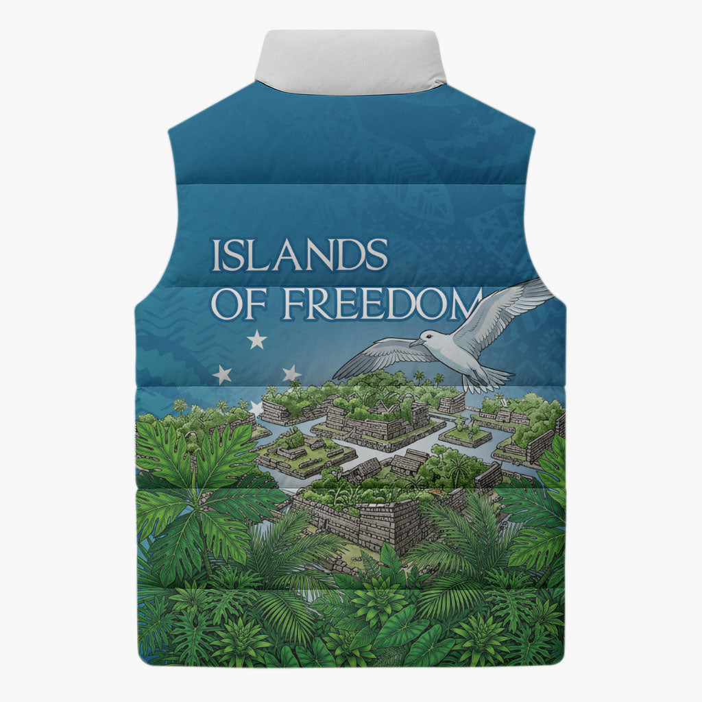 Micronesia Independence Day Sleeveless Puffer Jacket FSM Patriotic Pacific Island Nan Madol Ruins Seabird Tropical