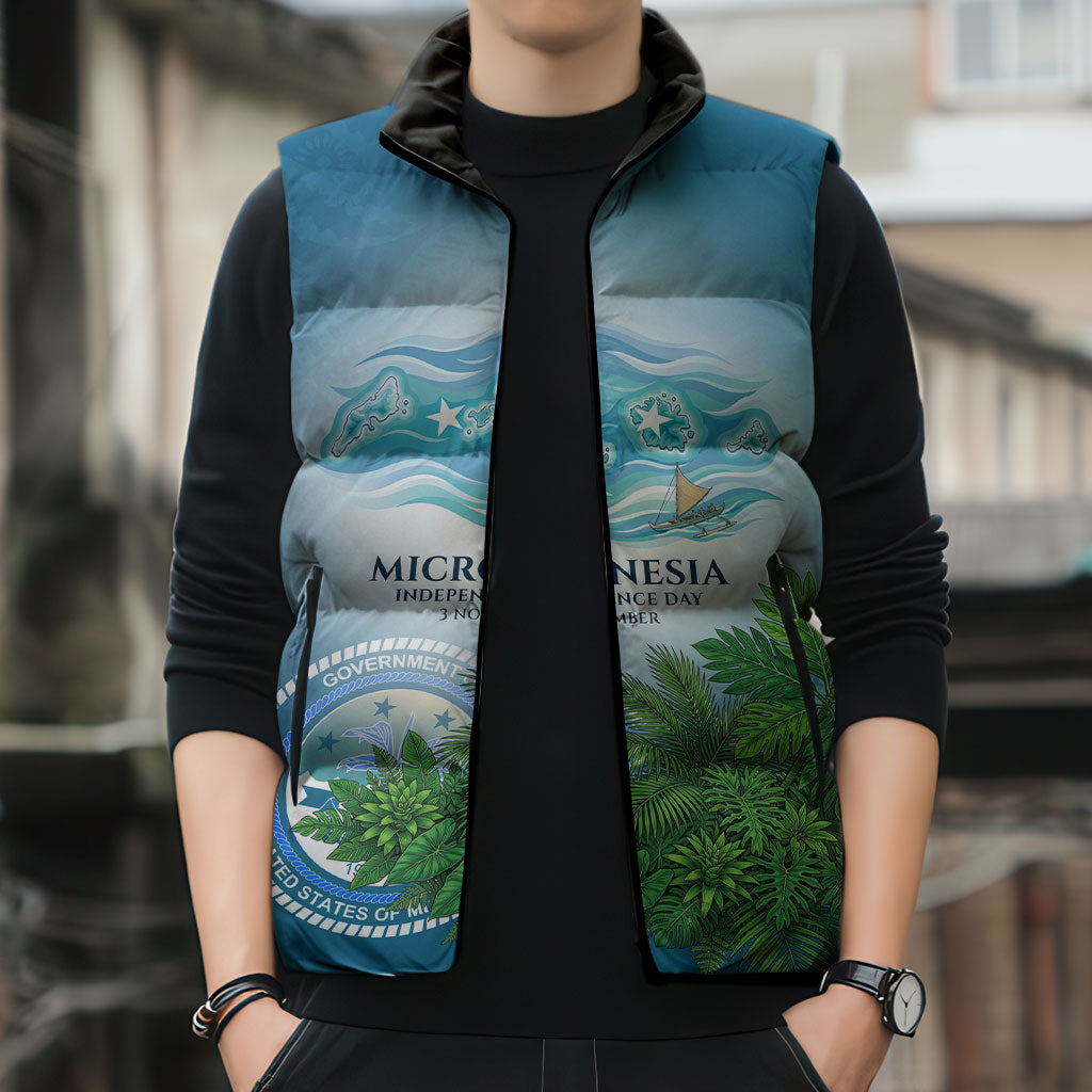 Micronesia Independence Day Sleeveless Puffer Jacket FSM Patriotic Pacific Island Nan Madol Ruins Seabird Tropical