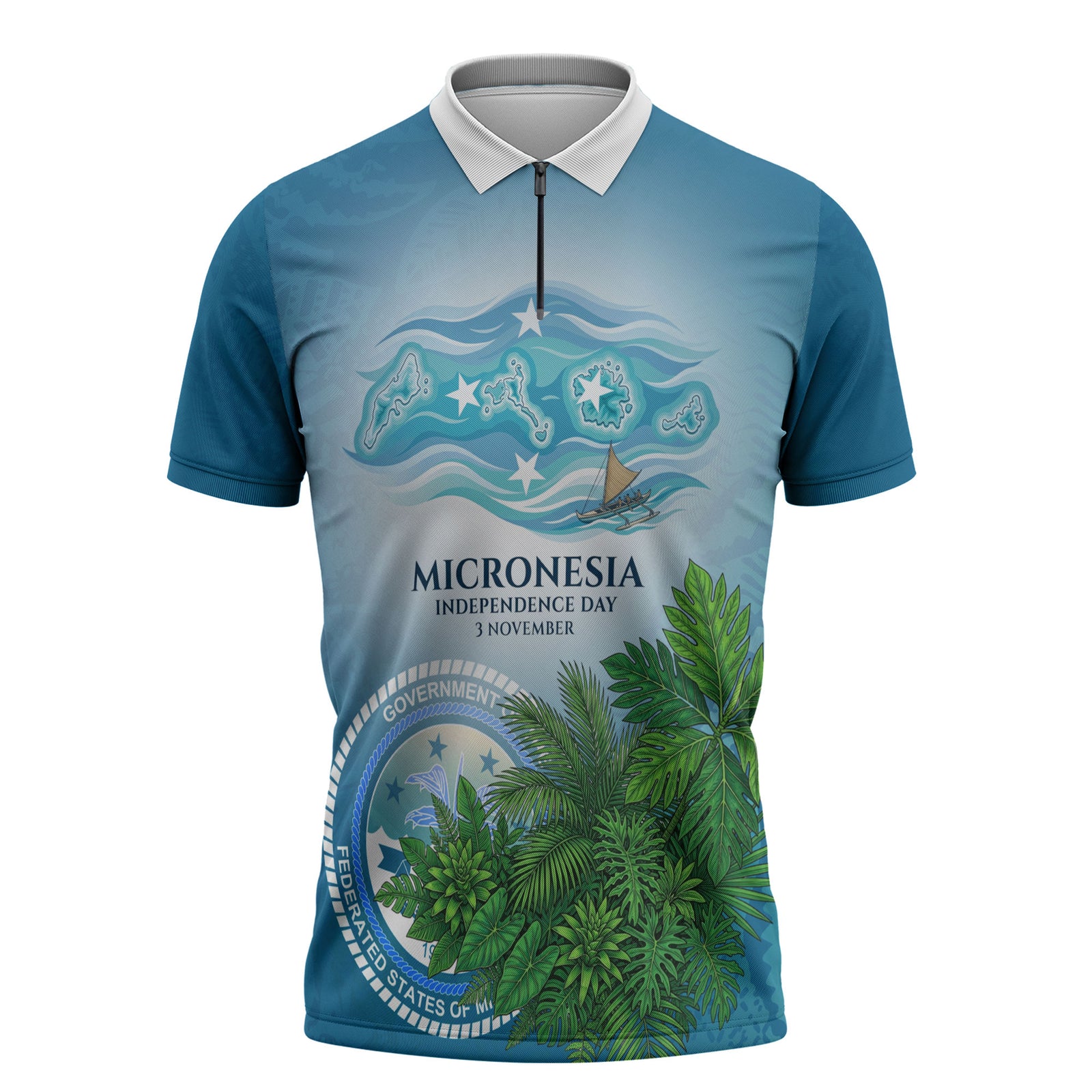 Micronesia Independence Day Zipper Polo Shirt FSM Patriotic Pacific Island Nan Madol Ruins Seabird Tropical