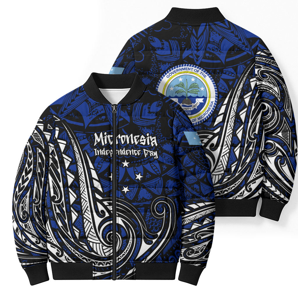 Micronesia Independence Day FSM Bomber Puffer Jacket Tribal Tattoo Pattern Flag Seal Heritage