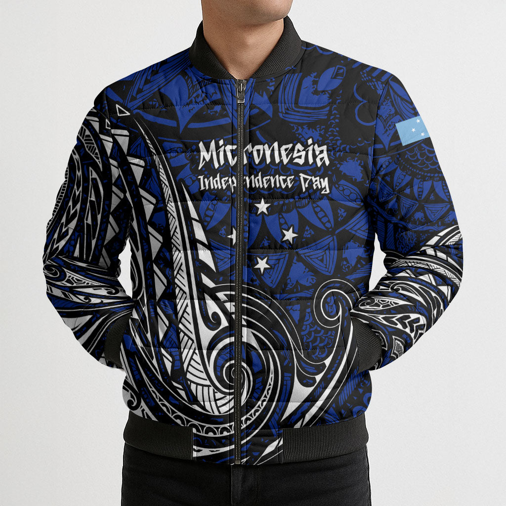 Micronesia Independence Day FSM Bomber Puffer Jacket Tribal Tattoo Pattern Flag Seal Heritage