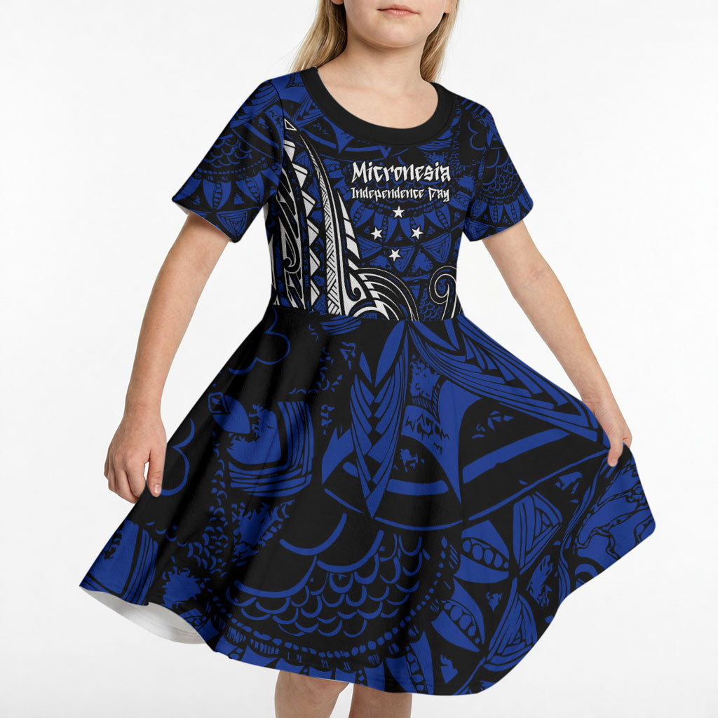 Micronesia Independence Day FSM Kid Short Sleeve Dress Tribal Tattoo Pattern Flag Seal Heritage