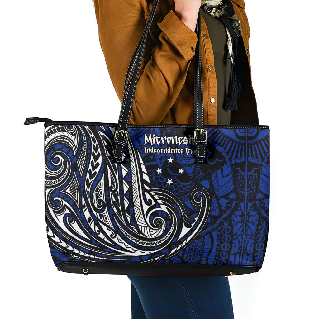 Micronesia Independence Day FSM Leather Tote Bag Tribal Tattoo Pattern Flag Seal Heritage