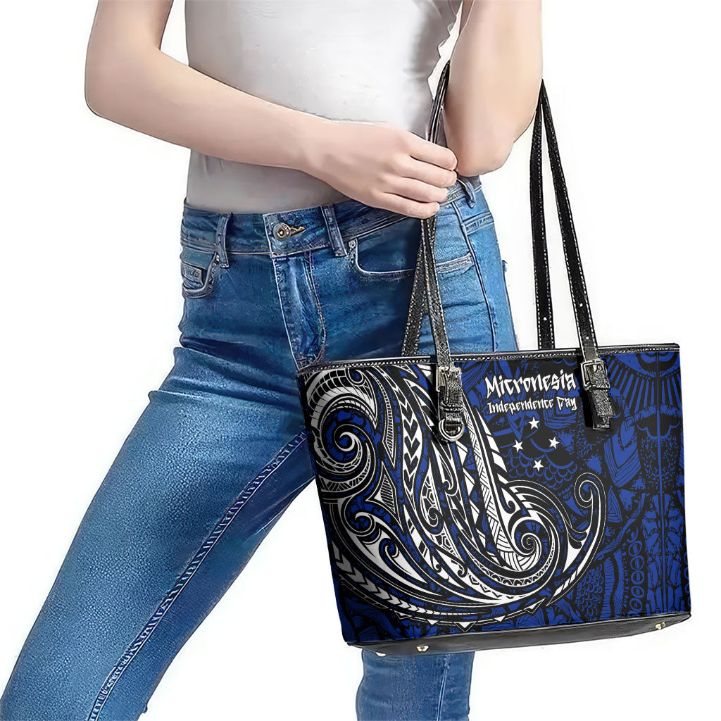 Micronesia Independence Day FSM Leather Tote Bag Tribal Tattoo Pattern Flag Seal Heritage