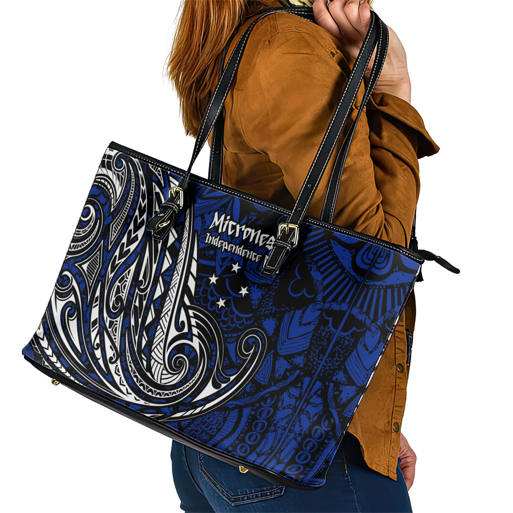 Micronesia Independence Day FSM Leather Tote Bag Tribal Tattoo Pattern Flag Seal Heritage
