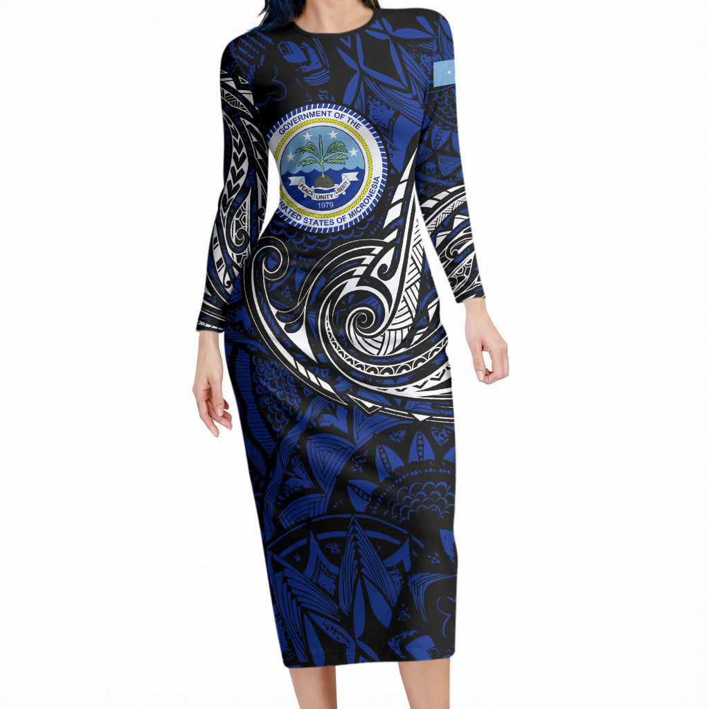Micronesia Independence Day FSM Long Sleeve Bodycon Dress Tribal Tattoo Pattern Flag Seal Heritage