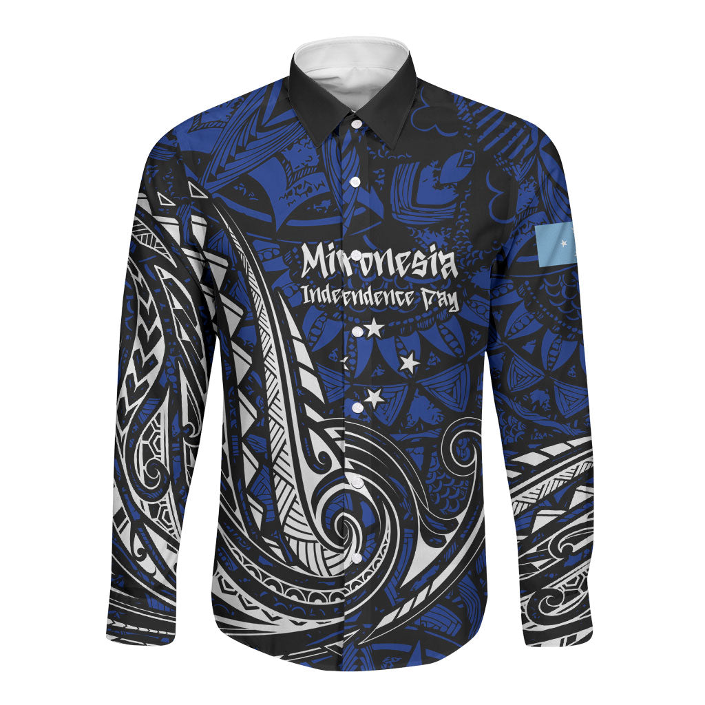 Micronesia Independence Day FSM Long Sleeve Button Shirt Tribal Tattoo Pattern Flag Seal Heritage TS04 Unisex Blue Black - Polynesian Pride