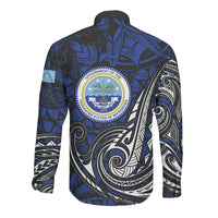 Micronesia Independence Day FSM Long Sleeve Button Shirt Tribal Tattoo Pattern Flag Seal Heritage