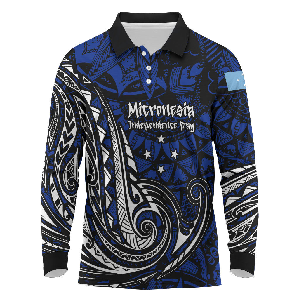Micronesia Independence Day FSM Long Sleeve Polo Shirt Tribal Tattoo Pattern Flag Seal Heritage