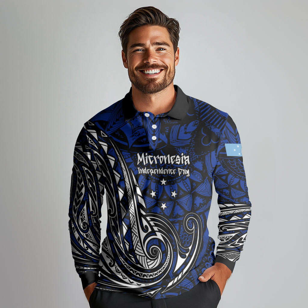 Micronesia Independence Day FSM Long Sleeve Polo Shirt Tribal Tattoo Pattern Flag Seal Heritage