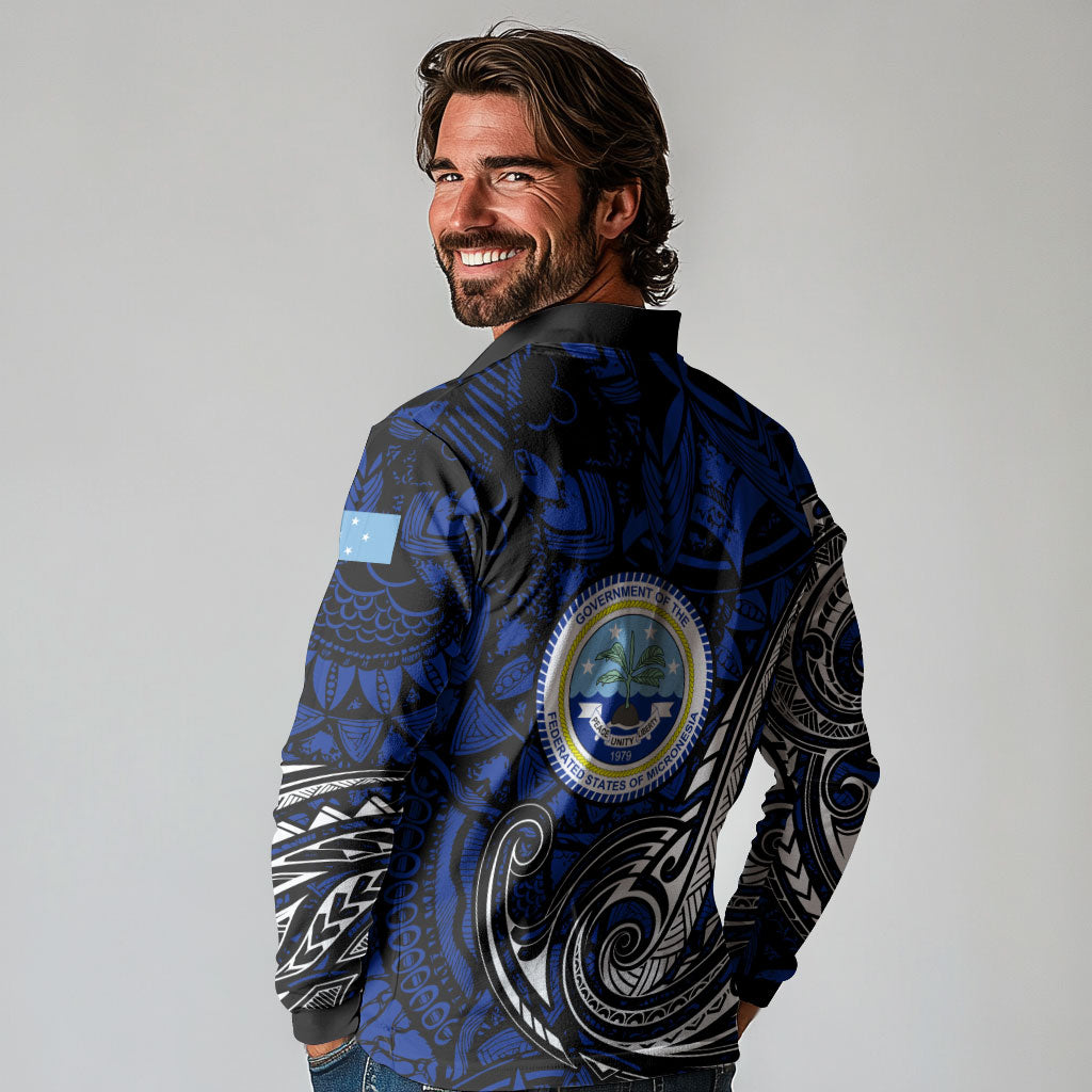 Micronesia Independence Day FSM Long Sleeve Polo Shirt Tribal Tattoo Pattern Flag Seal Heritage