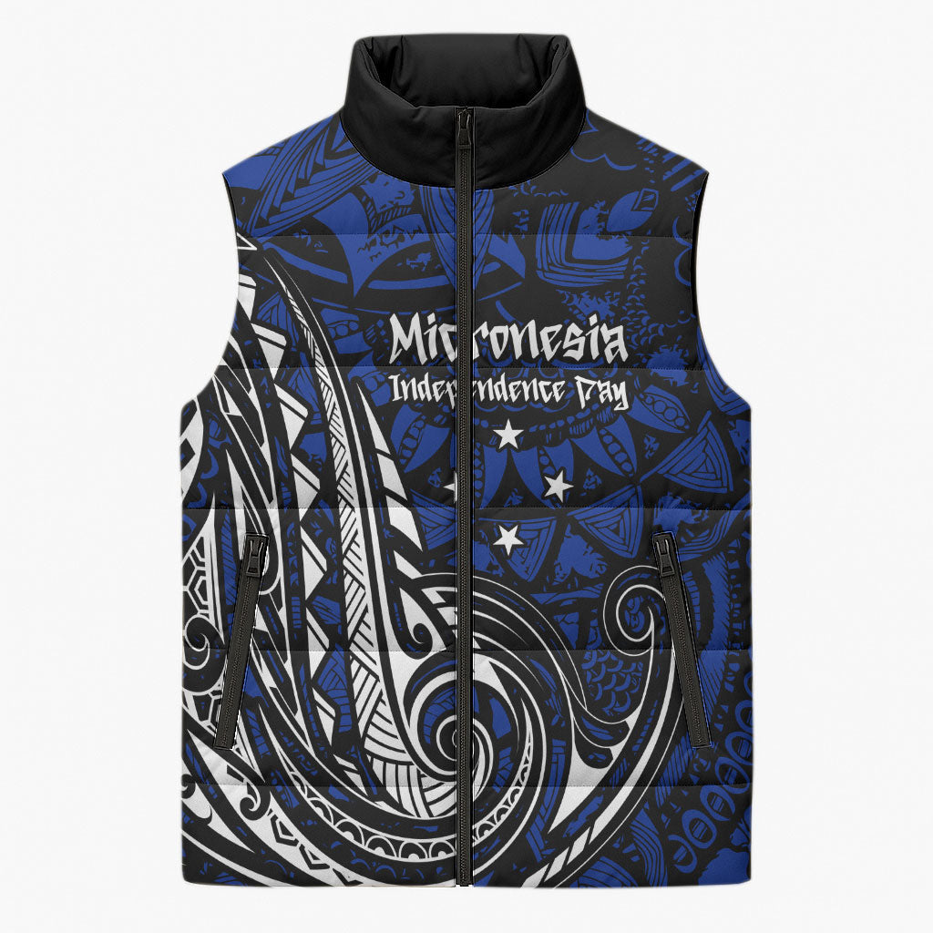 Micronesia Independence Day FSM Sleeveless Puffer Jacket Tribal Tattoo Pattern Flag Seal Heritage