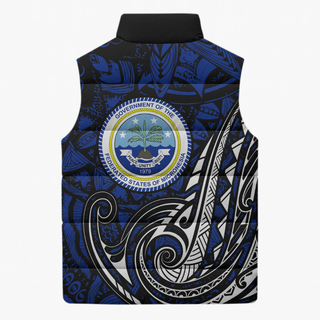Micronesia Independence Day FSM Sleeveless Puffer Jacket Tribal Tattoo Pattern Flag Seal Heritage