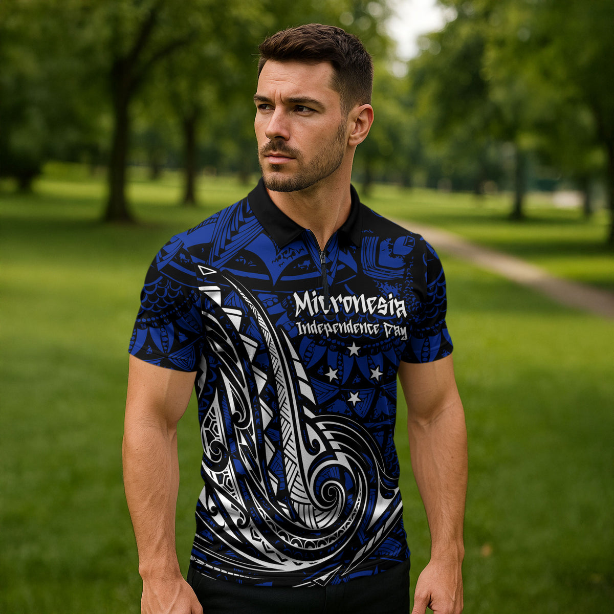 Micronesia Independence Day FSM Zipper Polo Shirt Tribal Tattoo Pattern Flag Seal Heritage
