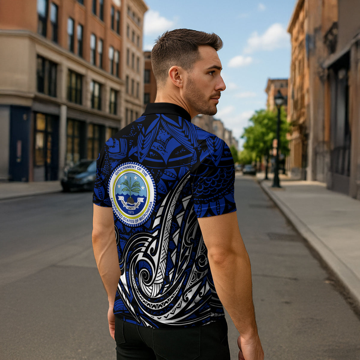 Micronesia Independence Day FSM Zipper Polo Shirt Tribal Tattoo Pattern Flag Seal Heritage