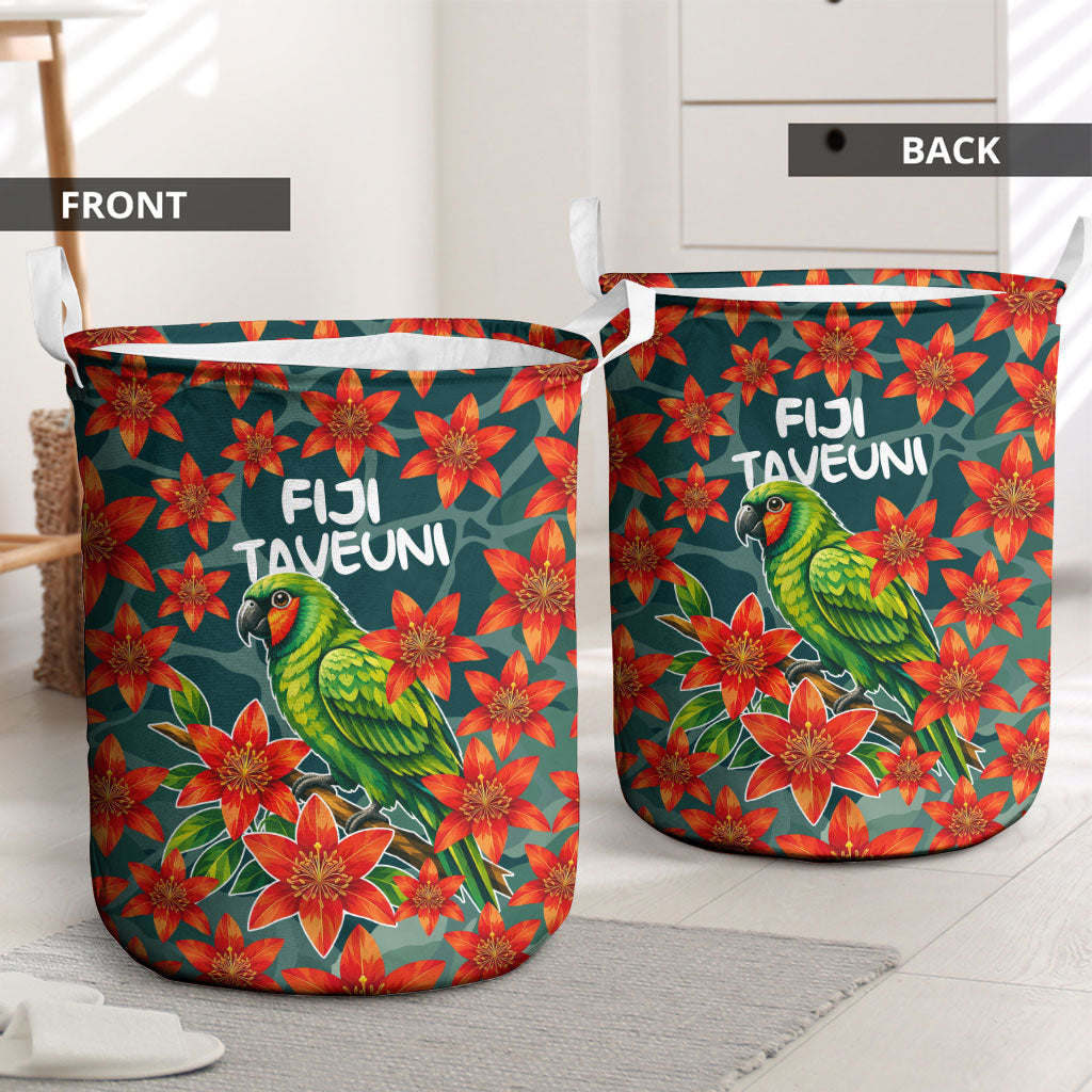 Fiji Taveuni Parrot Laundry Basket Tropical Waterfall Landscape With Floral Tribal Pattern