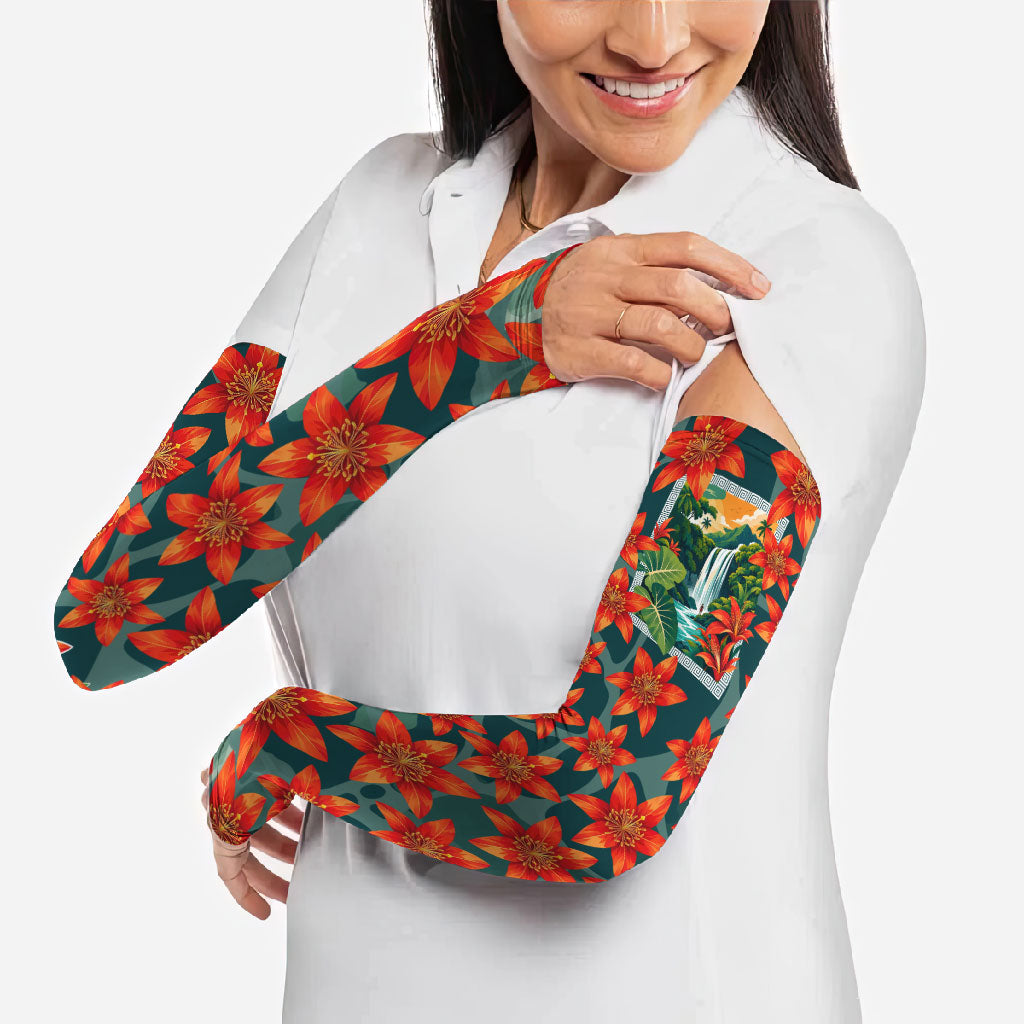 Fiji Taveuni Parrot Arm Sleeves Tropical Waterfall Landscape With Floral Tribal Pattern