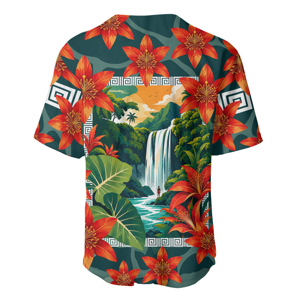 Fiji Taveuni Parrot Baseball Jersey Tropical Waterfall Landscape With Floral Tribal Pattern