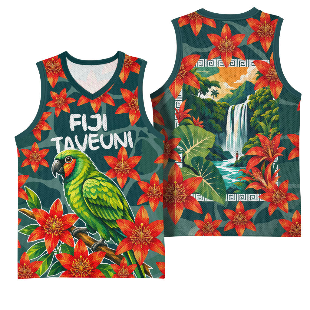 Fiji Taveuni Parrot Basketball Jersey Tropical Waterfall Landscape With Floral Tribal Pattern