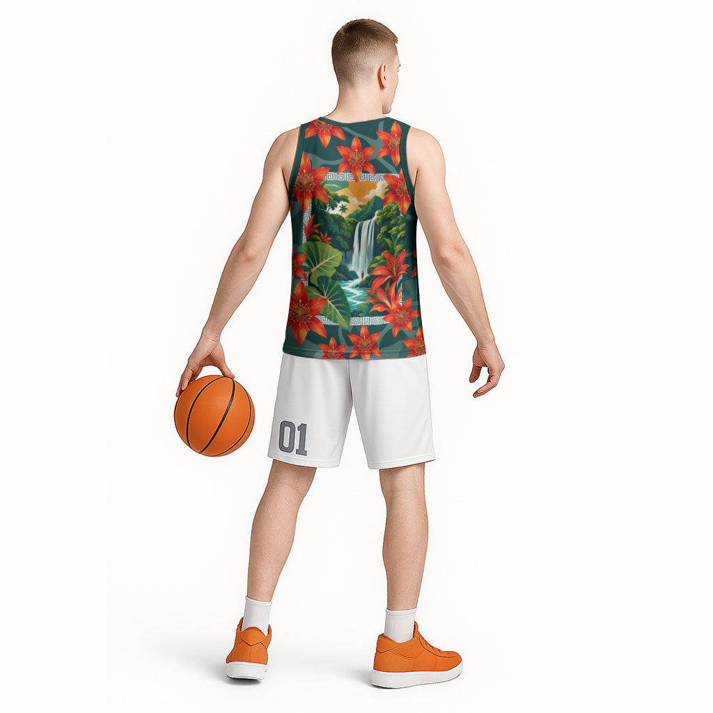 Fiji Taveuni Parrot Basketball Jersey Tropical Waterfall Landscape With Floral Tribal Pattern