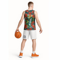 Fiji Taveuni Parrot Basketball Jersey Tropical Waterfall Landscape With Floral Tribal Pattern