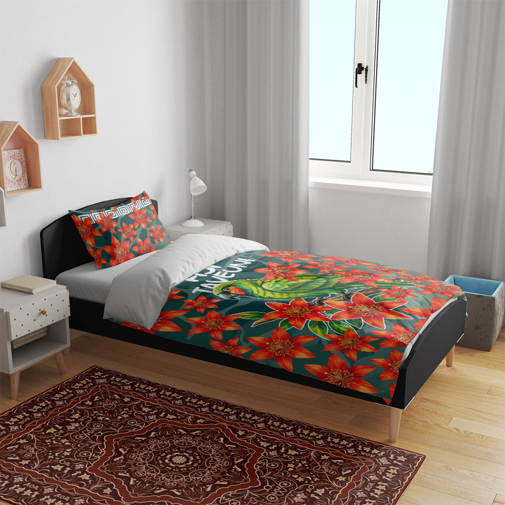 Fiji Taveuni Parrot Bedding Set Tropical Waterfall Landscape With Floral Tribal Pattern