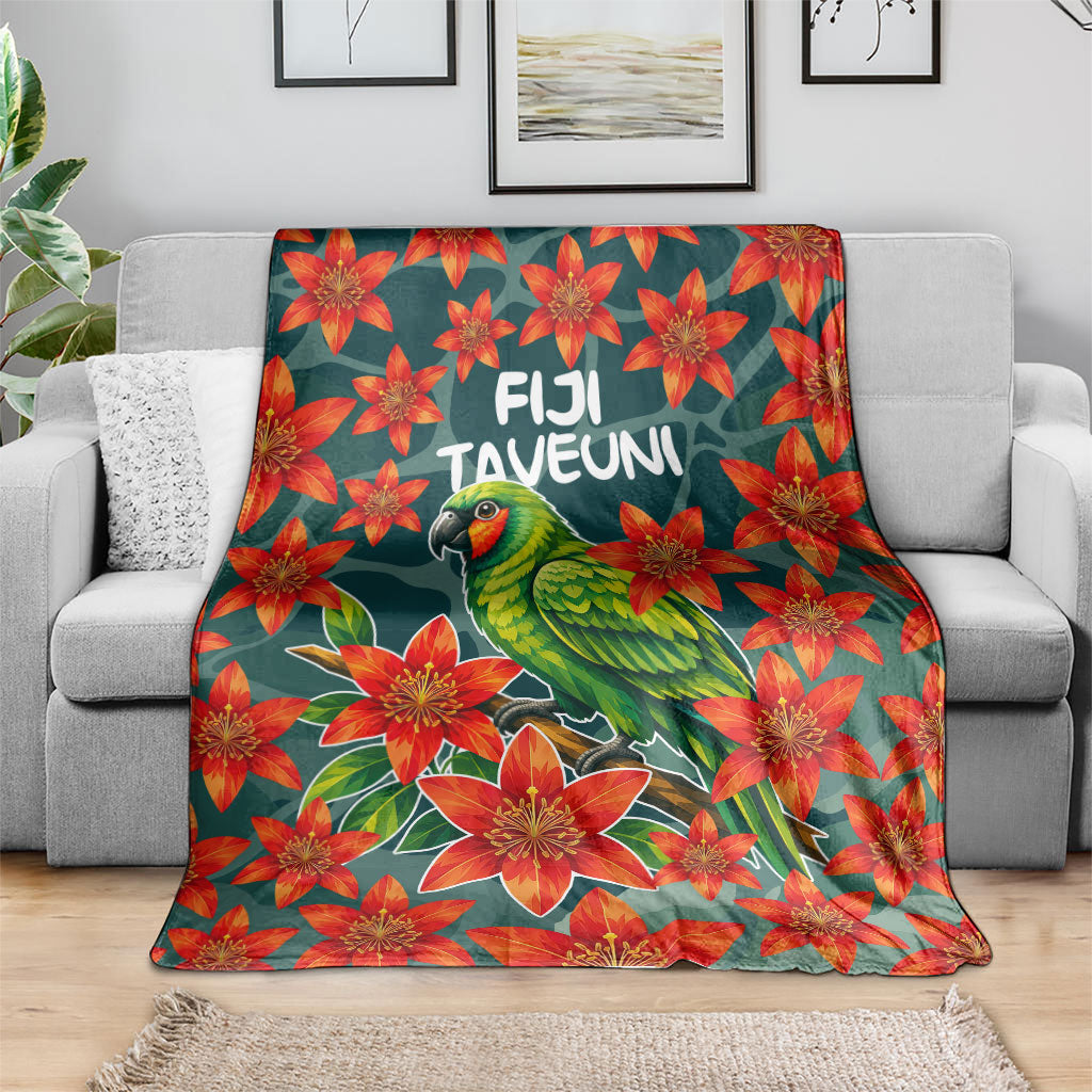Fiji Taveuni Parrot Blanket Tropical Waterfall Landscape With Floral Tribal Pattern