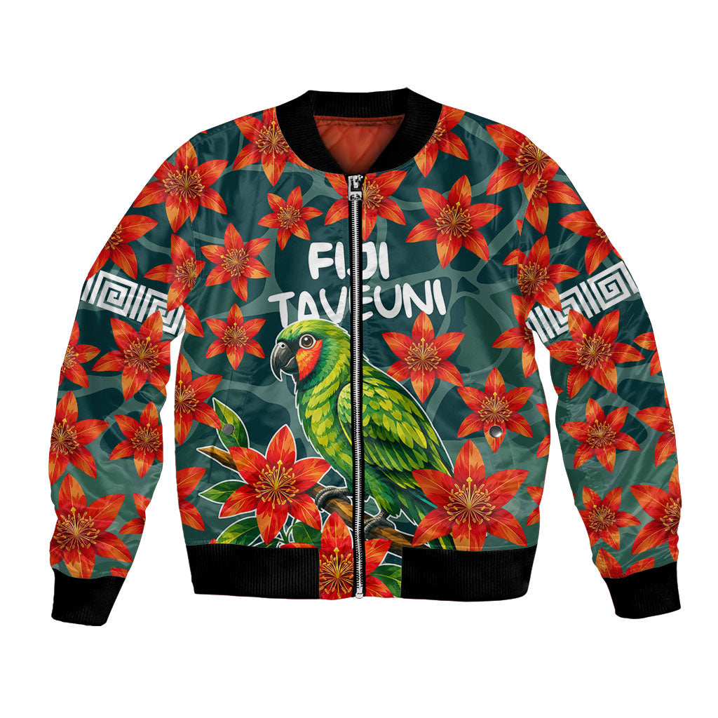 Fiji Taveuni Parrot Bomber Jacket Tropical Waterfall Landscape With Floral Tribal Pattern