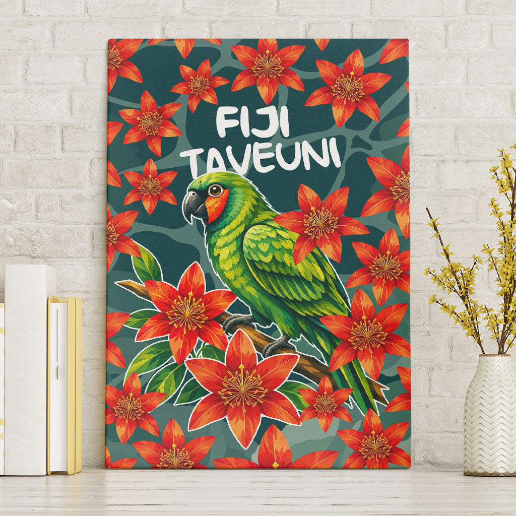 Fiji Taveuni Parrot Canvas Wall Art Tropical Waterfall Landscape With Floral Tribal Pattern TS04 Without Frame Green Orange - Polynesian Pride