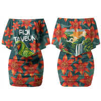 Fiji Taveuni Parrot Couples Matching Off Shoulder Short Dress and Hawaiian Shirt Tropical Waterfall Landscape With Floral Tribal Pattern