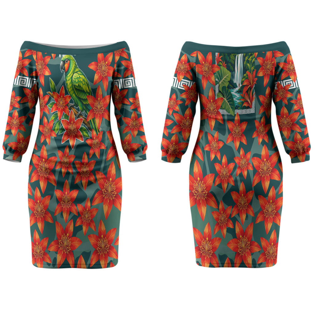 Fiji Taveuni Parrot Couples Matching Off The Shoulder Long Sleeve Dress and Long Sleeve Button Shirt Tropical Waterfall Landscape With Floral Tribal Pattern