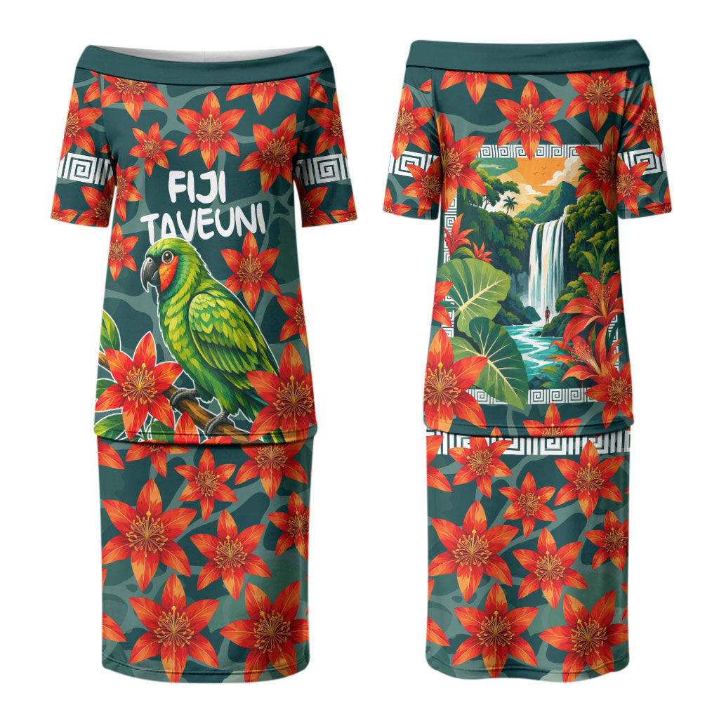 Fiji Taveuni Parrot Couples Matching Puletasi and Hawaiian Shirt Tropical Waterfall Landscape With Floral Tribal Pattern