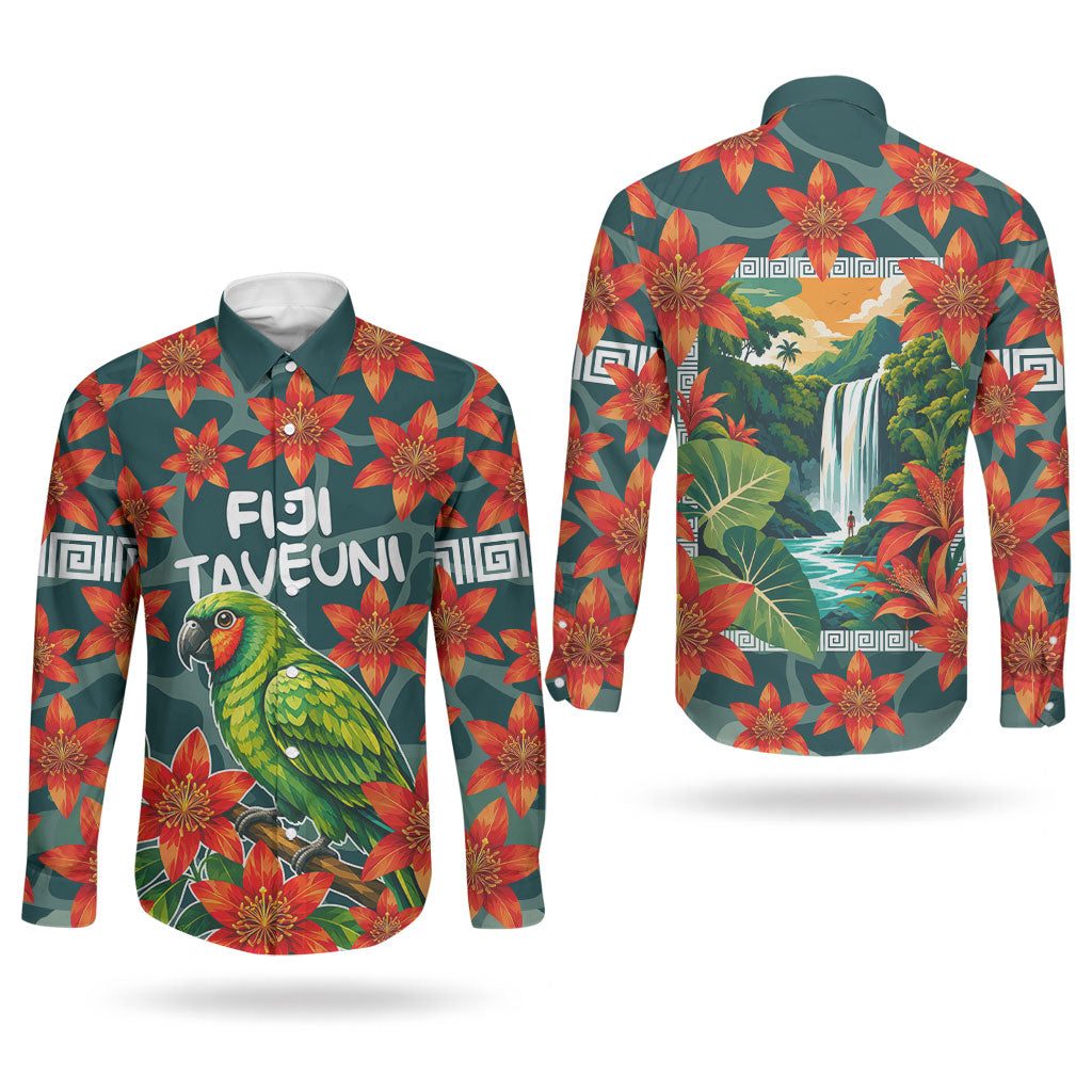 Fiji Taveuni Parrot Couples Matching Puletasi and Long Sleeve Button Shirt Tropical Waterfall Landscape With Floral Tribal Pattern