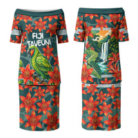 Fiji Taveuni Parrot Couples Matching Puletasi and Long Sleeve Button Shirt Tropical Waterfall Landscape With Floral Tribal Pattern
