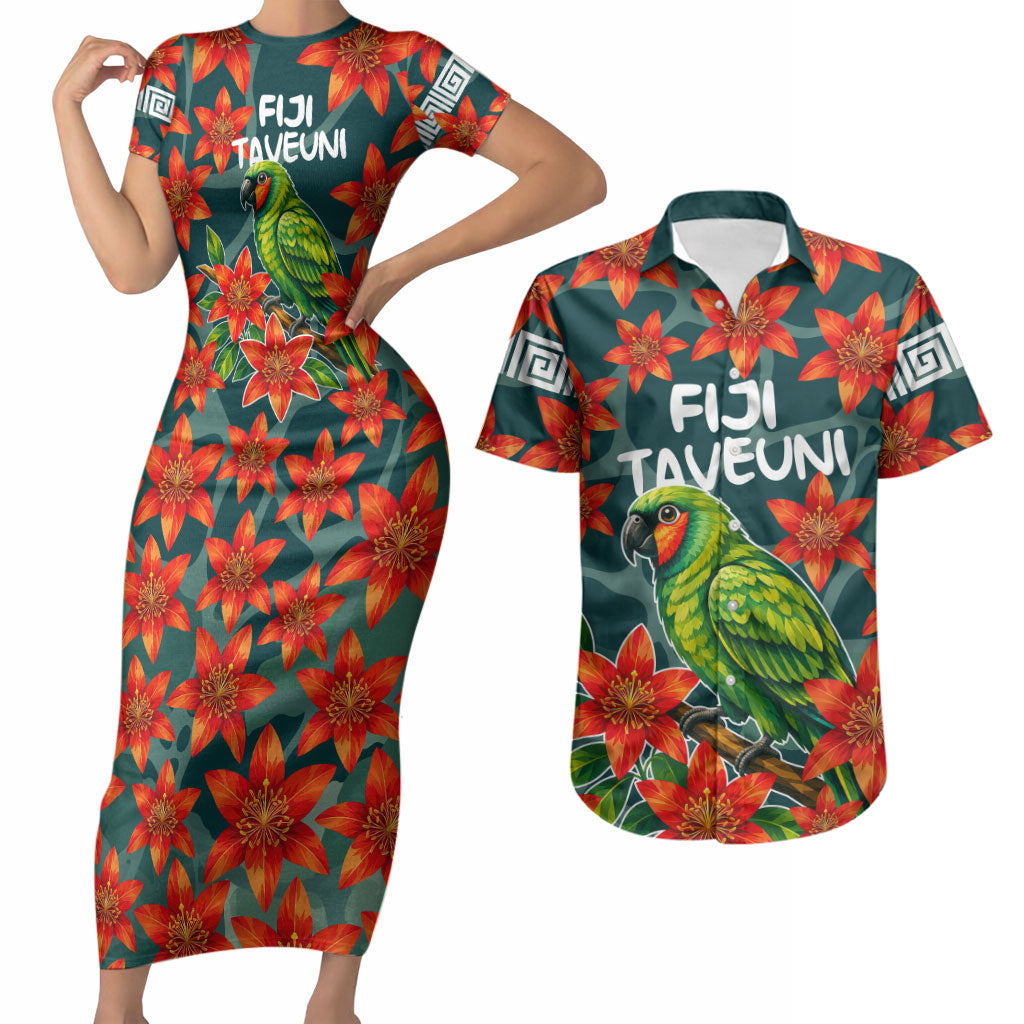 Fiji Taveuni Parrot Couples Matching Short Sleeve Bodycon Dress and Hawaiian Shirt Tropical Waterfall Landscape With Floral Tribal Pattern TS04 Green Orange - Polynesian Pride
