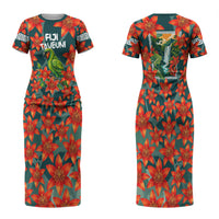 Fiji Taveuni Parrot Couples Matching Short Sleeve Bodycon Dress and Hawaiian Shirt Tropical Waterfall Landscape With Floral Tribal Pattern