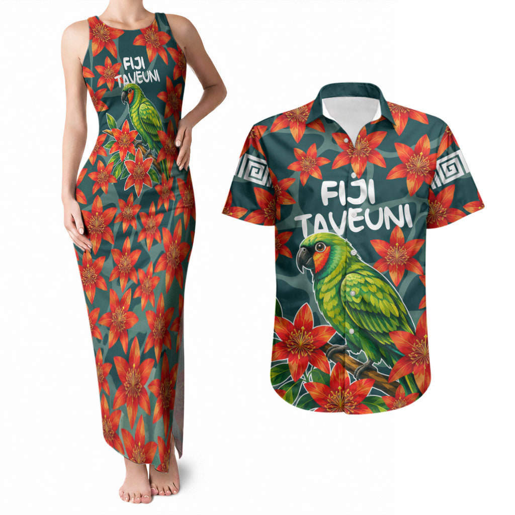 Fiji Taveuni Parrot Couples Matching Tank Maxi Dress and Hawaiian Shirt Tropical Waterfall Landscape With Floral Tribal Pattern TS04 Green Orange - Polynesian Pride